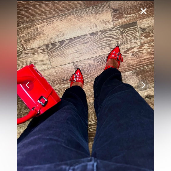 STEVE MADDEN Red & Silver Buckle Patent Leather Ganni Pointed Toe Flat Shoes 8 - Picture 7 of 16